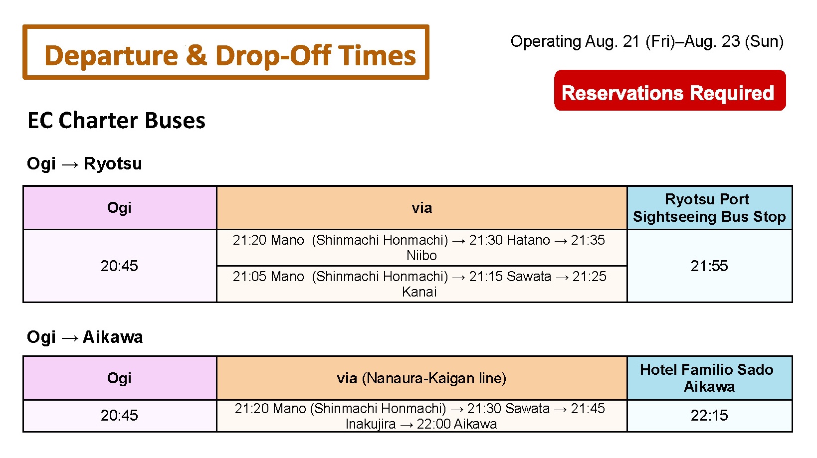 EC 2025 Charter Bus Drop-off times